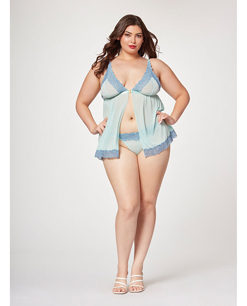 Lace & Mesh Triangle Cup Babydoll & Thong Blue (Plus Size)