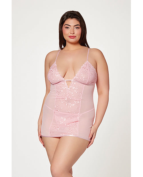 Floral Mesh Chemise & G-String Pink (Plus Size)