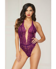 Floral Lace Teddy With Halter Satin Ribbon Ties & Snap Crotch