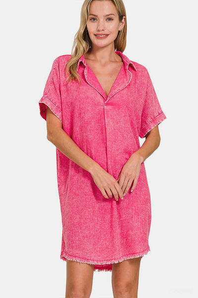 Zenana Washed Linen V-Neck Raw Hem Dress - Spicy and Sexy