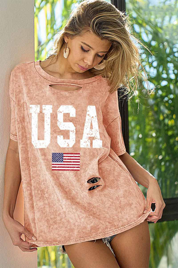 BiBi Washed American Flag Graphic Distressed T-Shirt - Spicy and Sexy