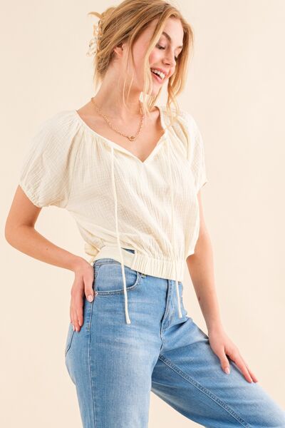 And The Why Cotton Gauze Back Waist Tie Cropped Blouse