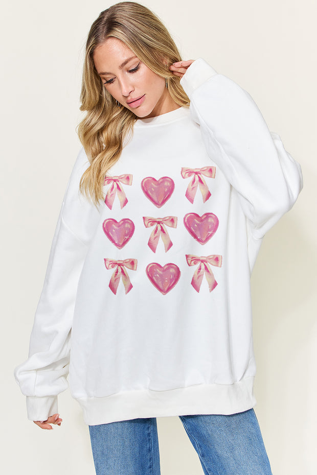 Simply Love Full Size Bow & Heart Graphic Long Sleeve Sweatshirt