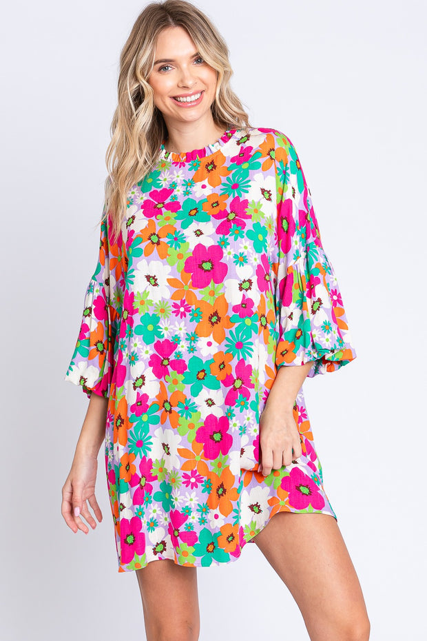 GeeGee Full Size Floral Round Neck Lantern Sleeve Mini Dress - Spicy and Sexy