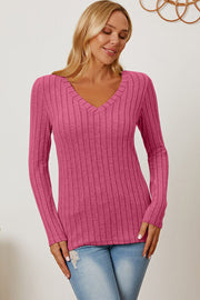 Basic Bae Full Size Ribbed V-Neck Long Sleeve T-Shirt - Spicy and Sexy