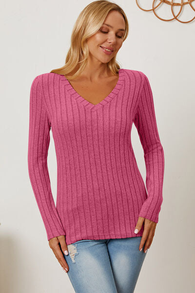 Basic Bae Full Size Ribbed V-Neck Long Sleeve T-Shirt - Spicy and Sexy