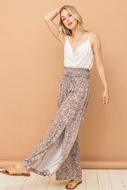 And The Why Printed Smocked Waist Slit Wide Leg Pants