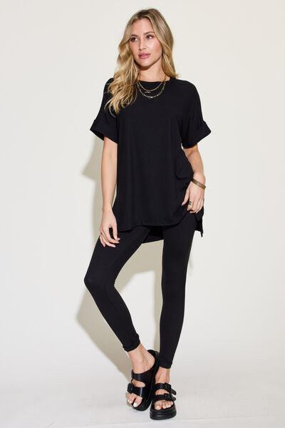 Zenana Plus Size Short Sleeve Slit T-Shirt and Leggings Lounge Set - Spicy and Sexy